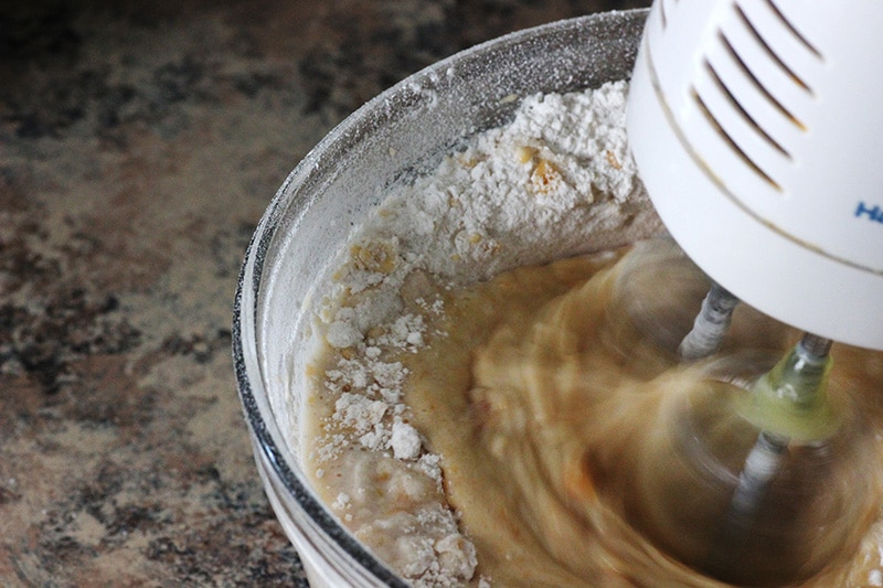 blending ingredients for fluffy sweet potato pancakes