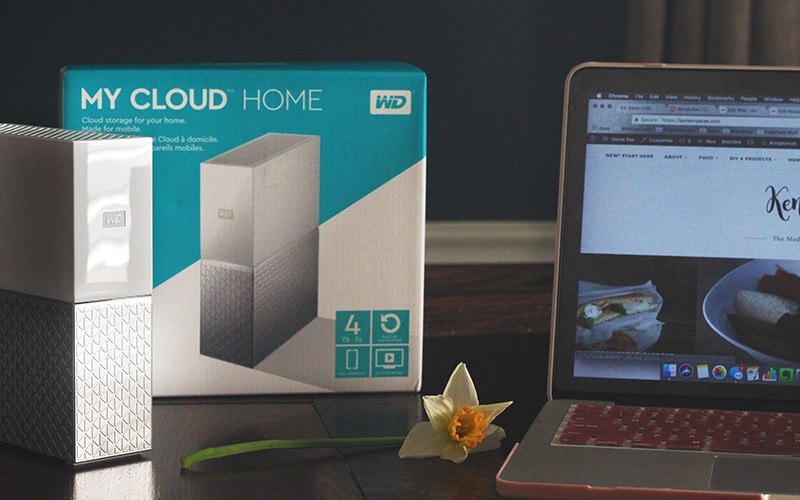 my cloud home on table with macbook pro and flower