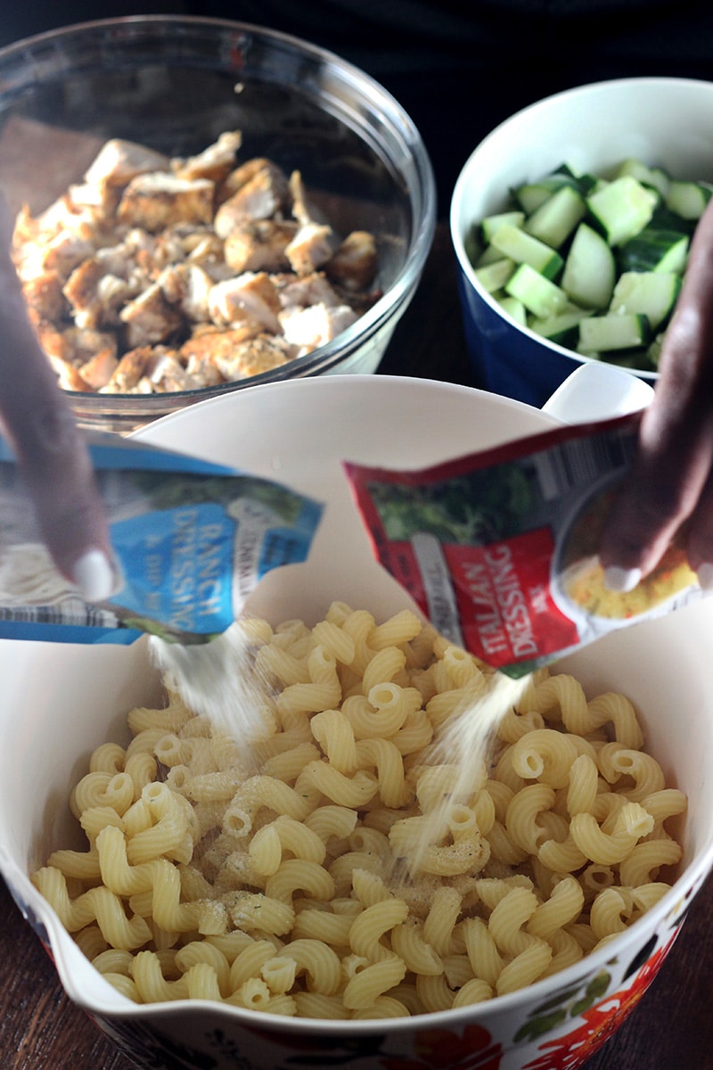 making chicken cobb pasta salad with ranch and italian dressing