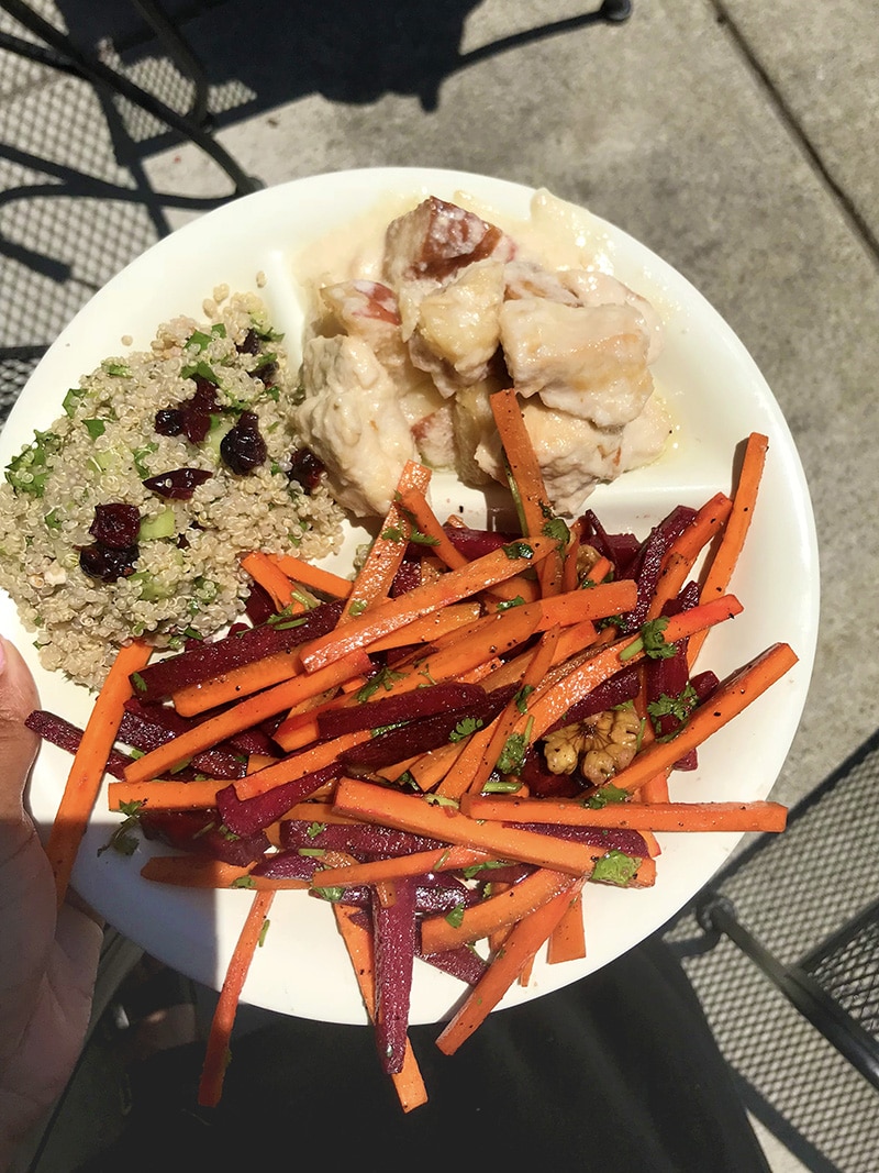 root salad, chicken and potatoes in lemon garlic Sauce and Quinoa salad from Sassool Cafe