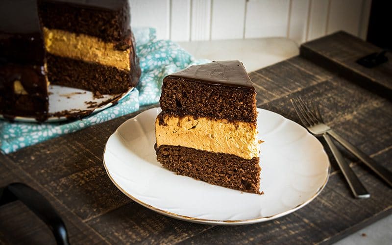 Chocolate Layer Cake with Pumpkin Cheesecake Layer In the Center