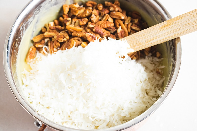 coconut and pecans in a pot