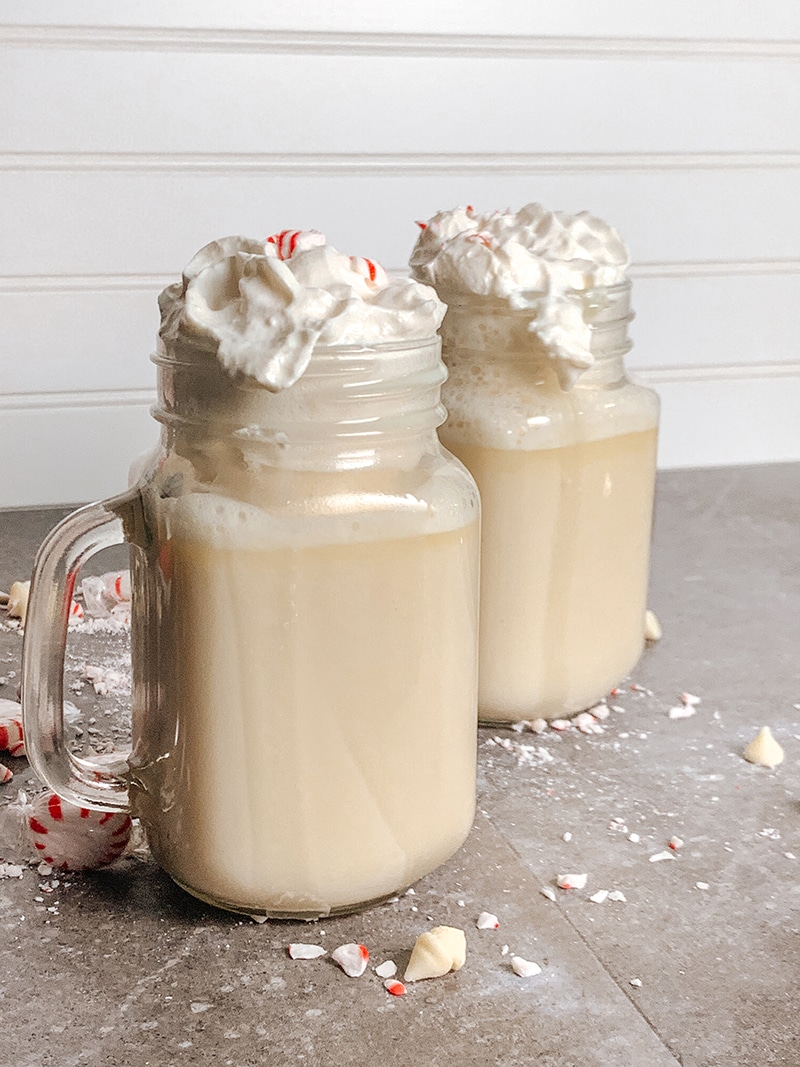peppermint white hot chocolate with whipped cream and crushed peppermint