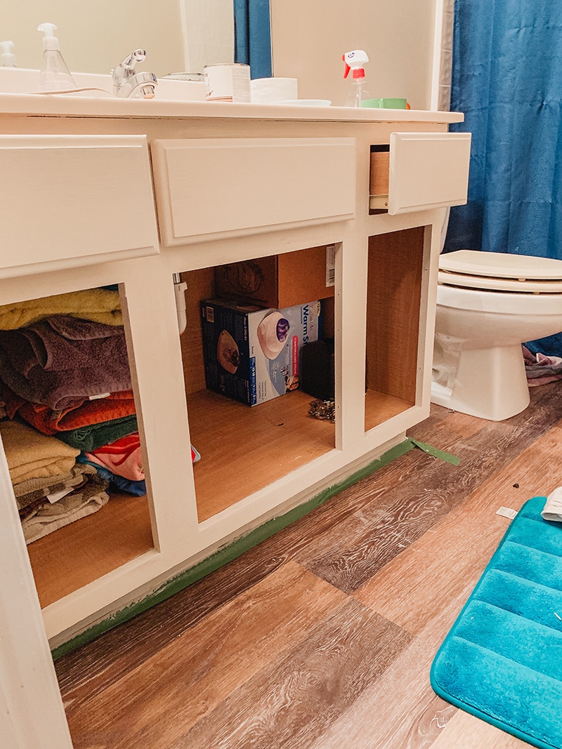 bathroom vanity before adding the doors back on