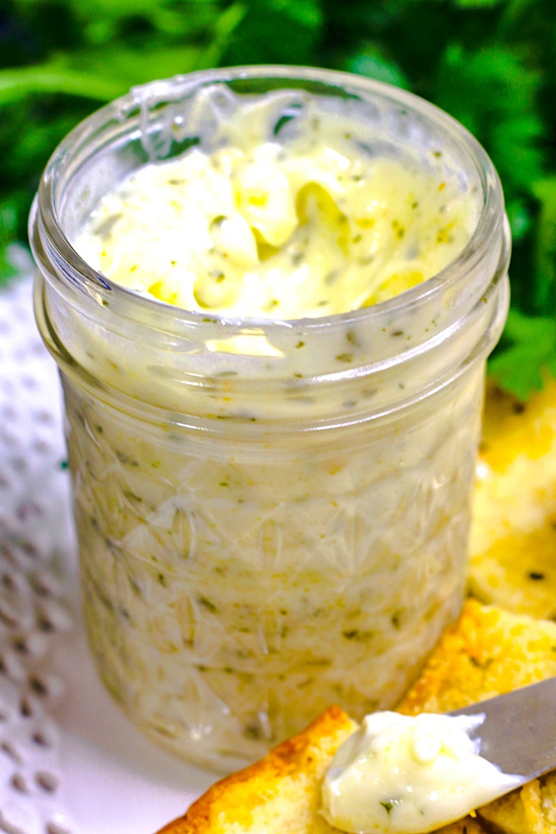 homemade garlic butter spread in mason jar