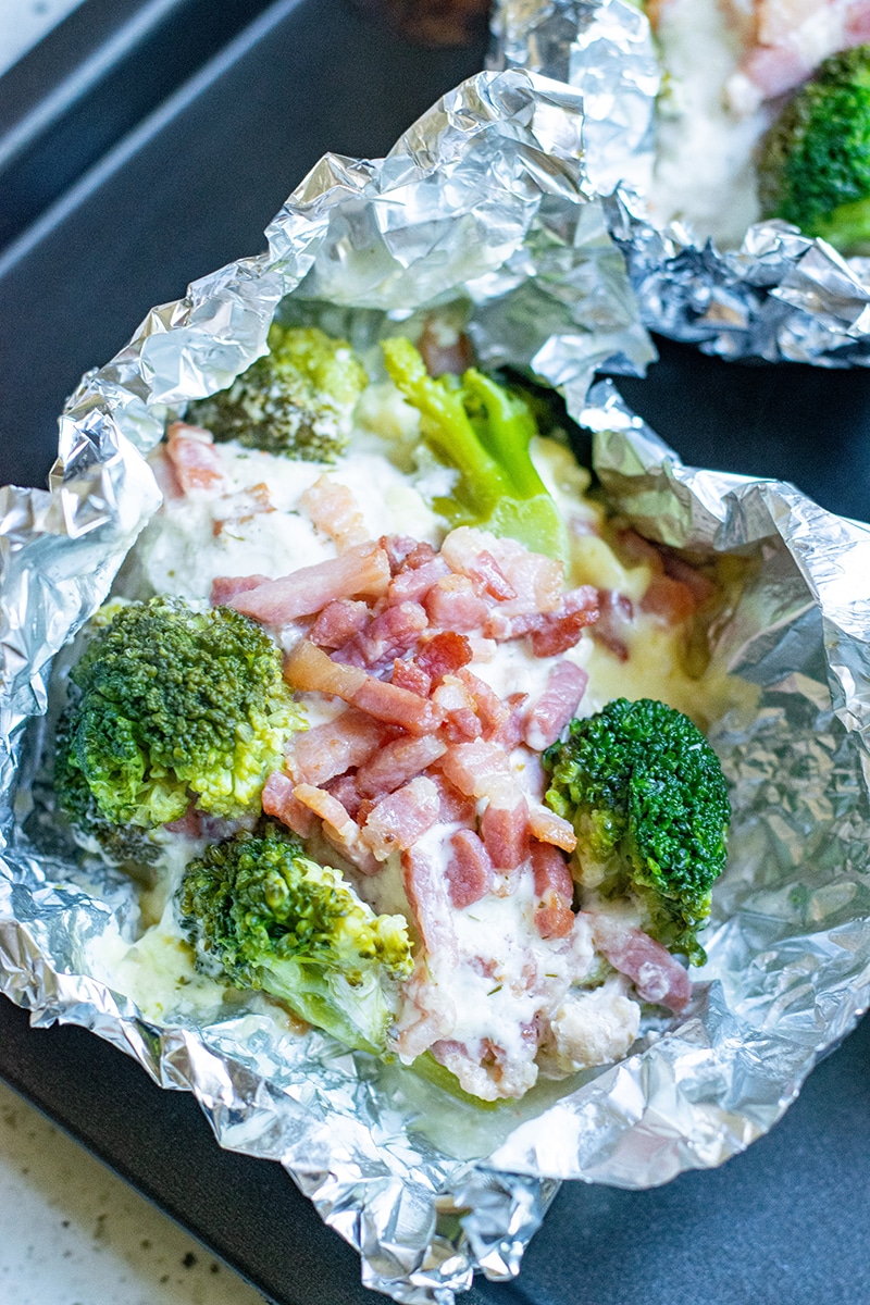 chicken broccoli stuffing bacon bits and ranch cooked in a foil pack