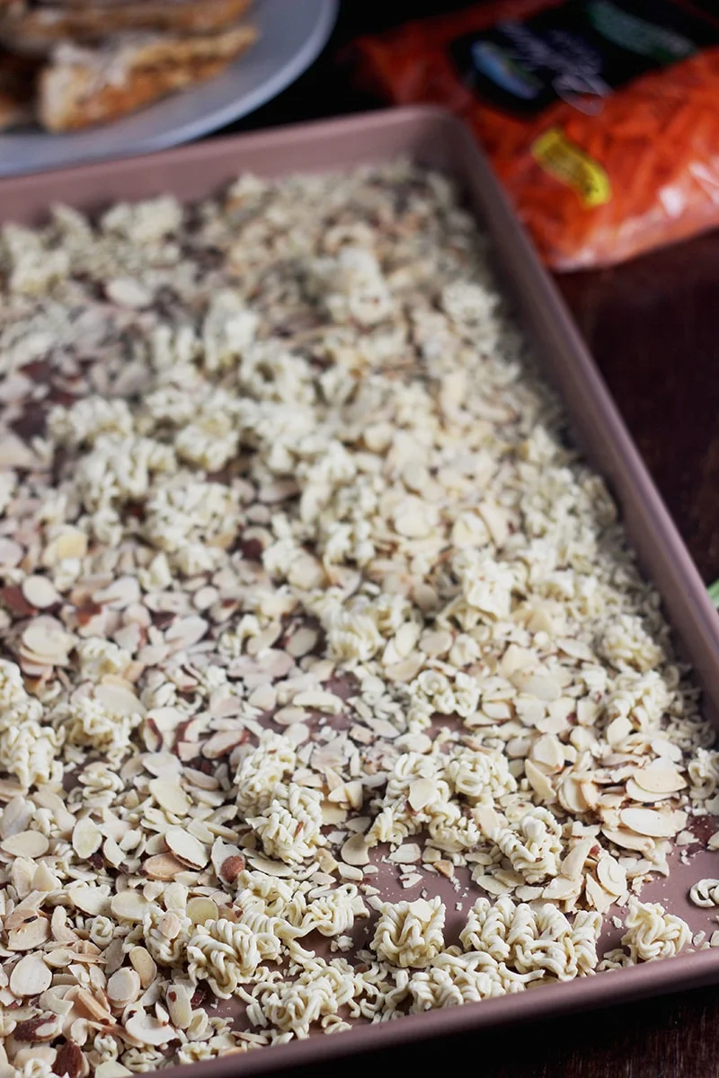 ramen noodles and almonds for asian chicken salad