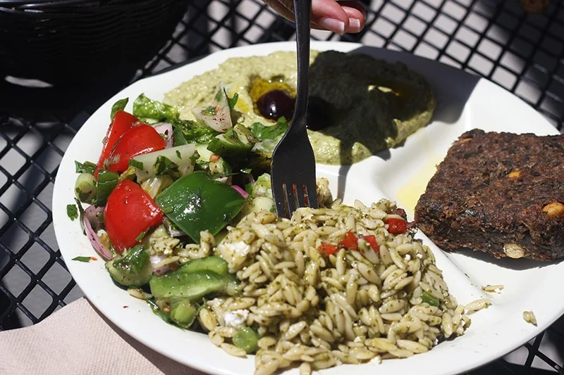 Jalapeno Cilantro Hummus, Orzo Pasta Salad, and Veggie Kibbeh from Sassool Cafe