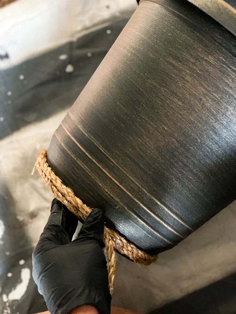 DIY basket weave planter 5 | Kenya Rae gluing rope to planter pot